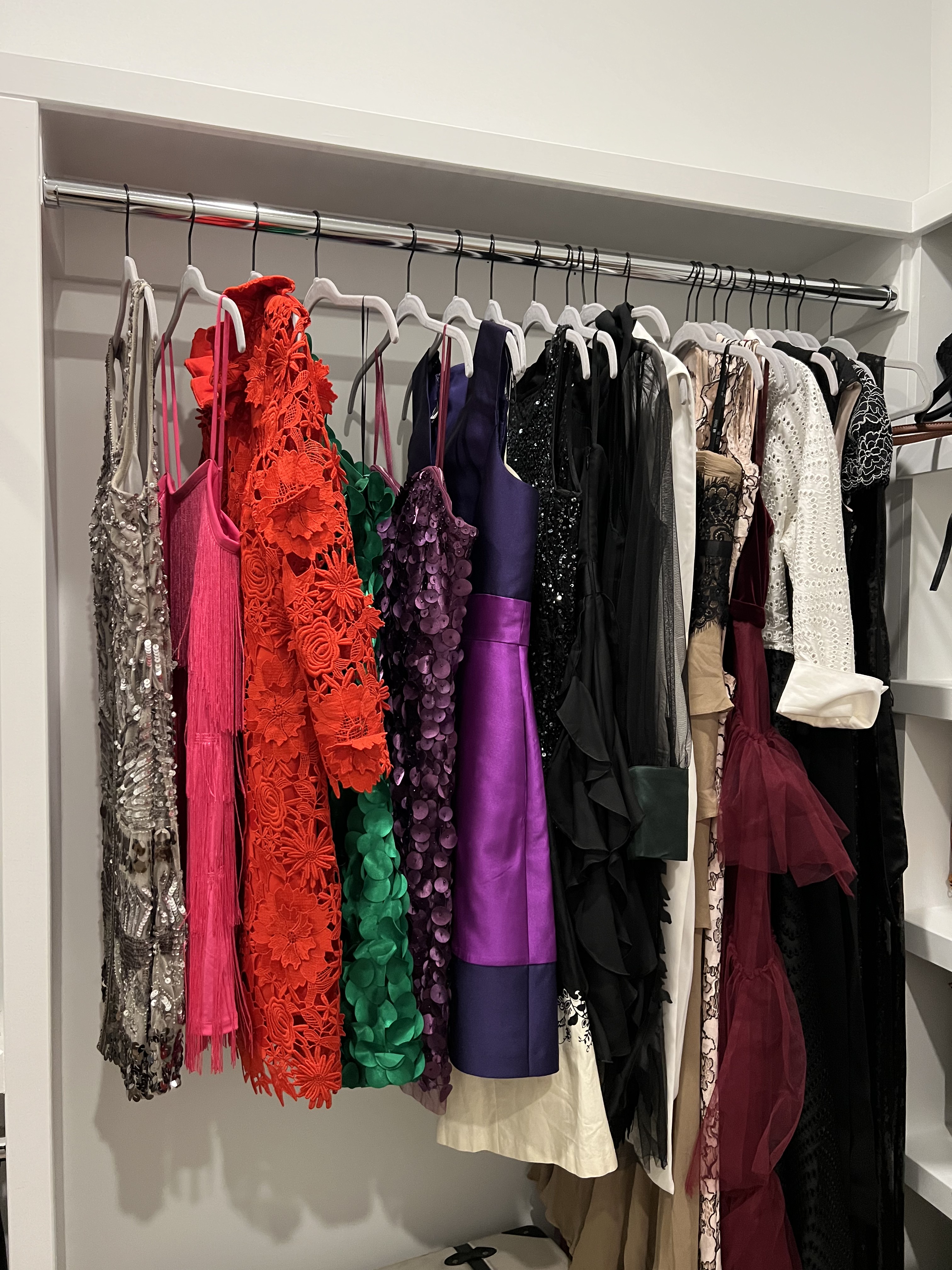 A curated closet with evening wear and dresses arranged by an organizer
