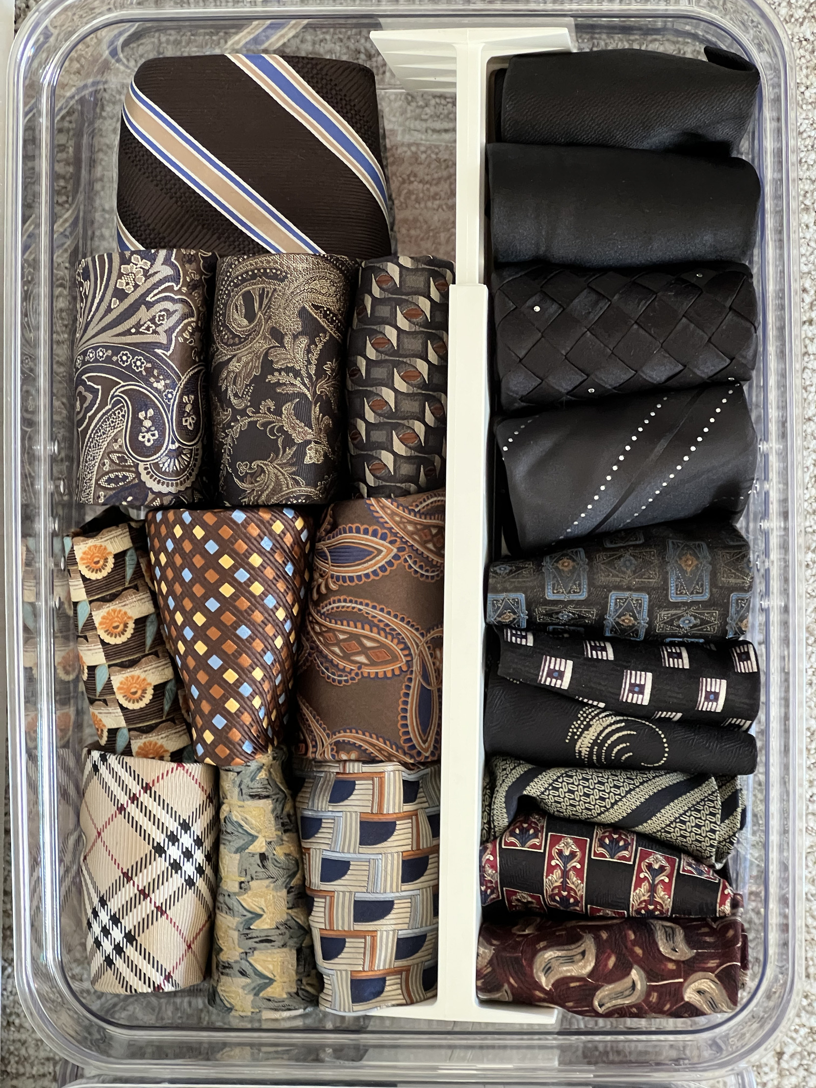 Professional menswear ties organized in a drawer