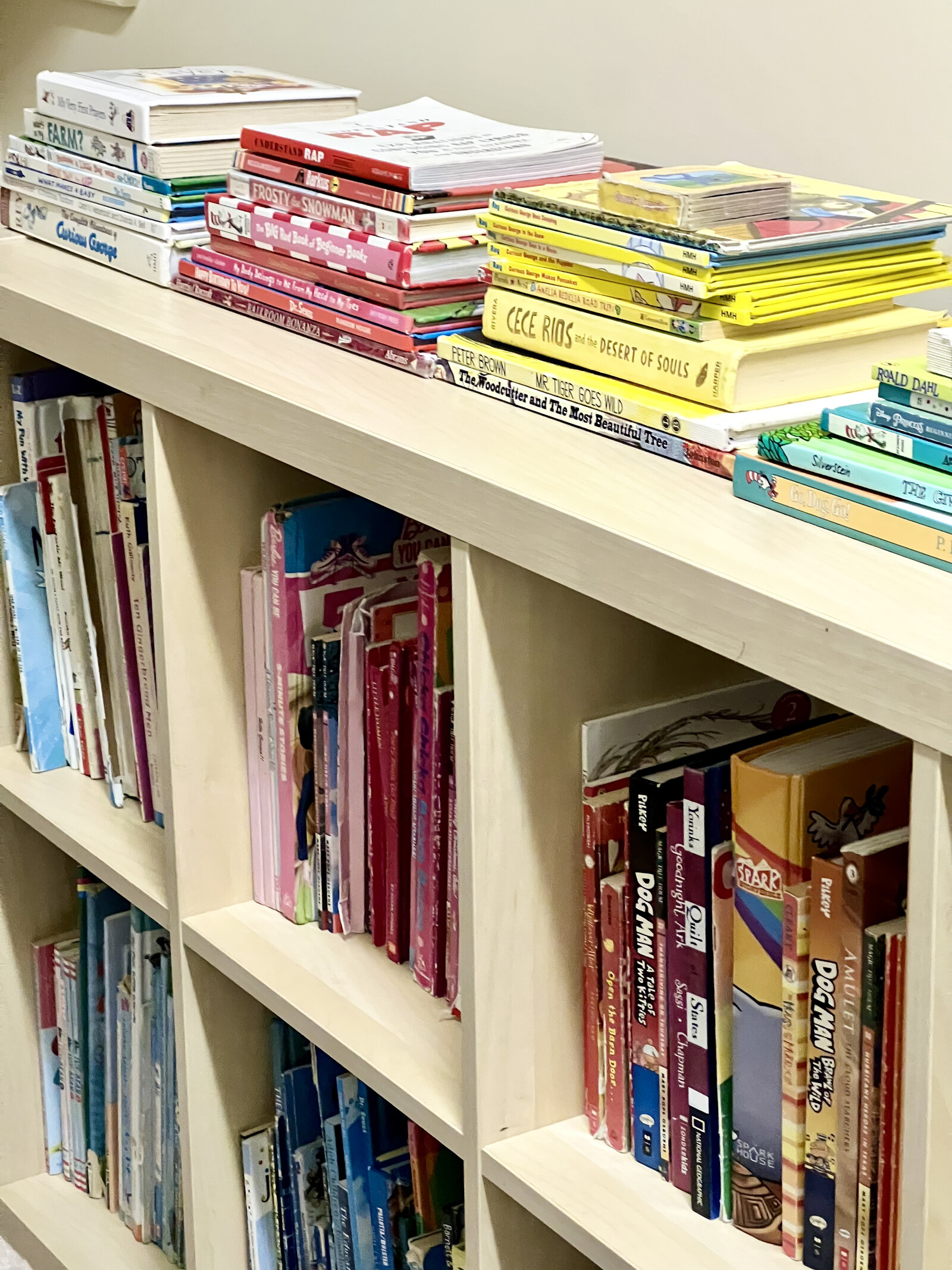 Color organized books and board games on white shelves