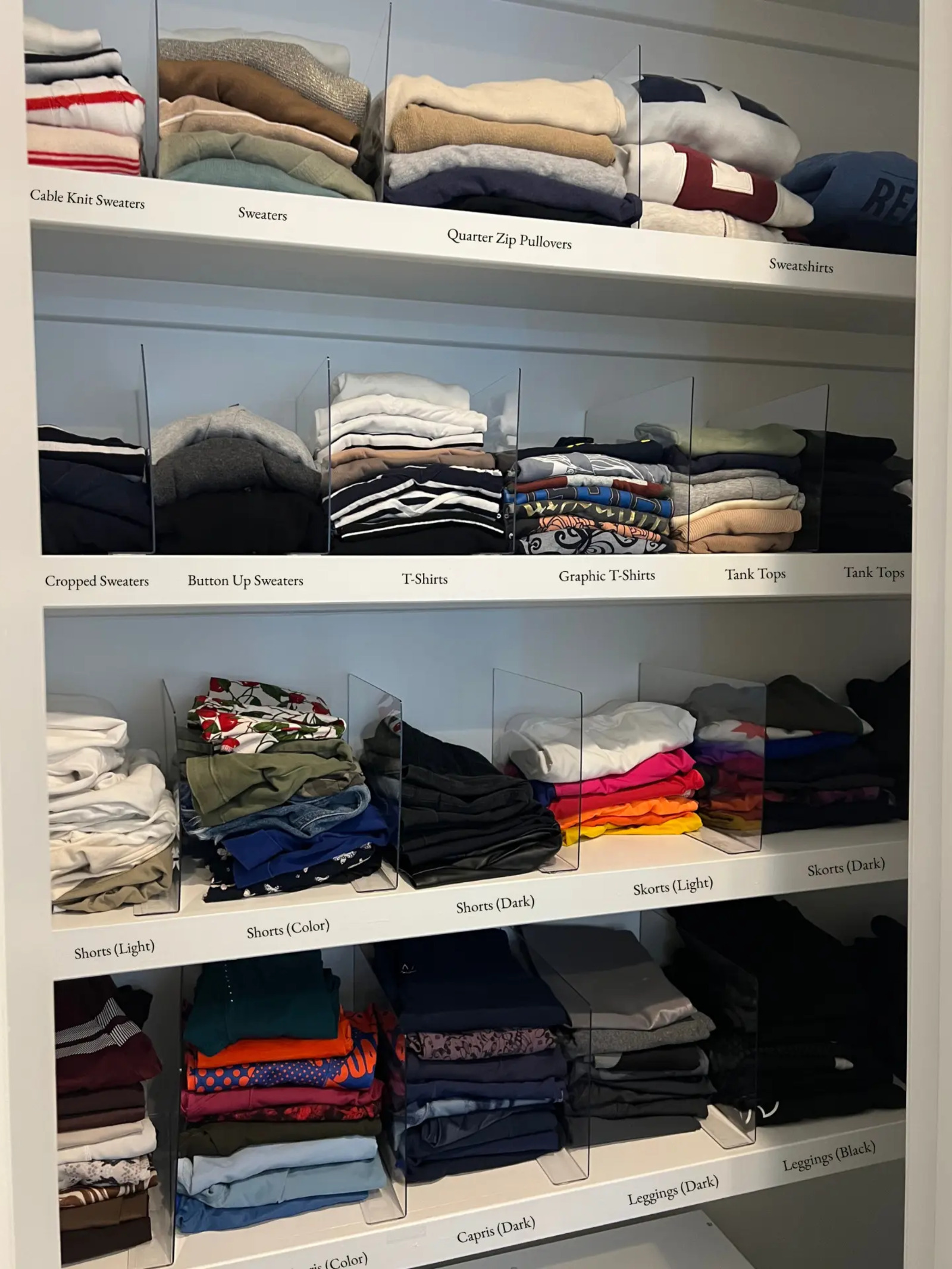 Labeled closet shelves with categories to maintain organization