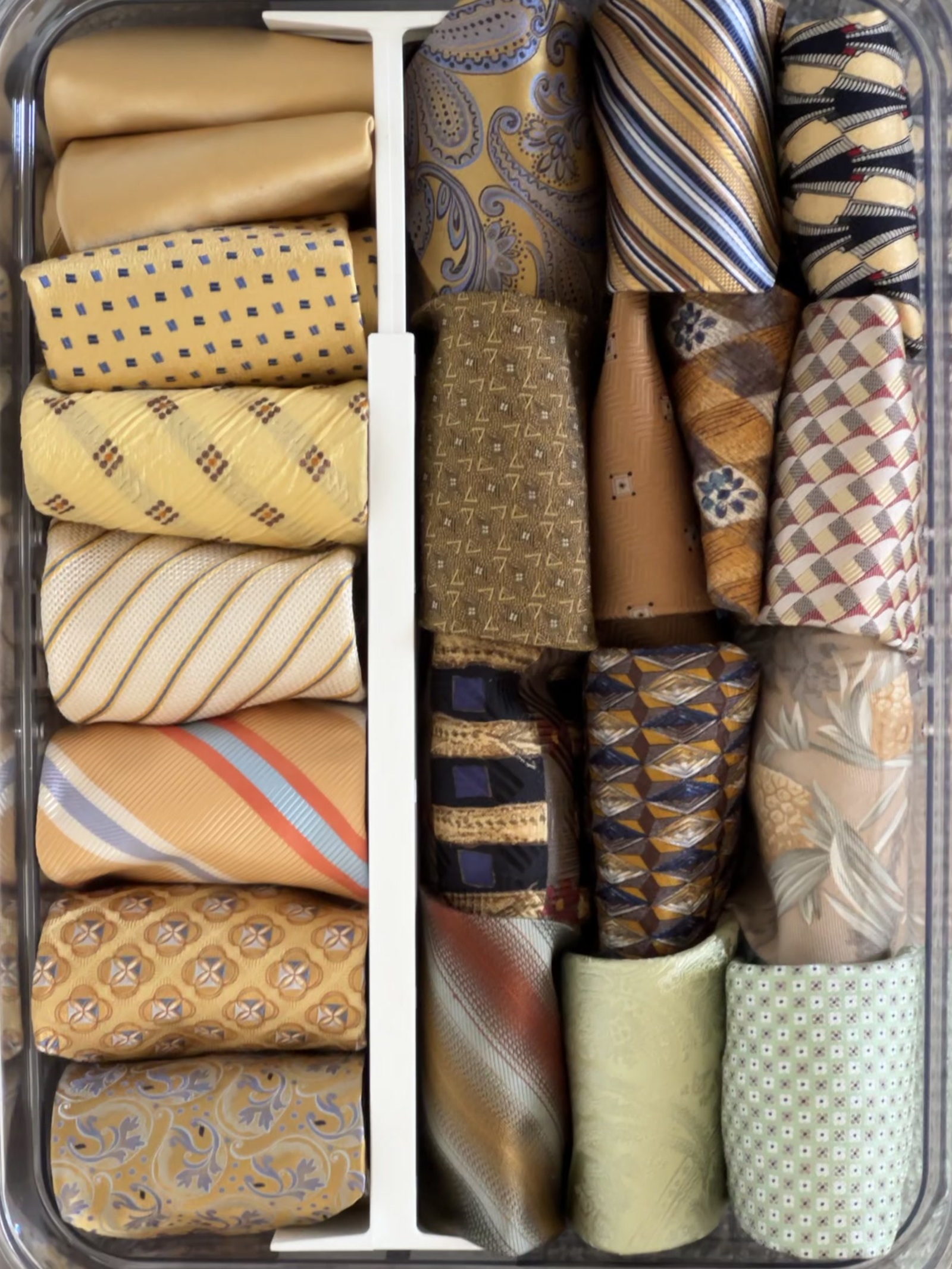 Professional menswear ties organized in a drawer