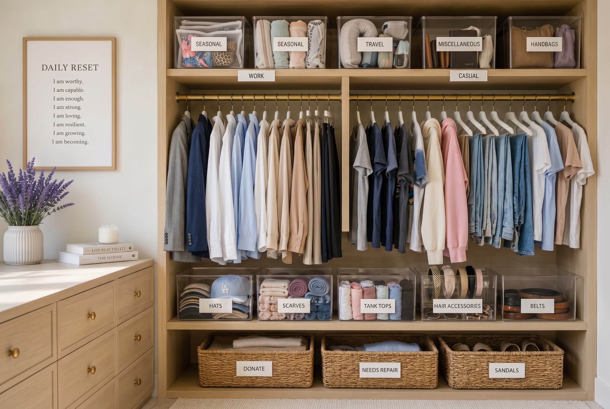 Closet with clear labeled bins and visible categories