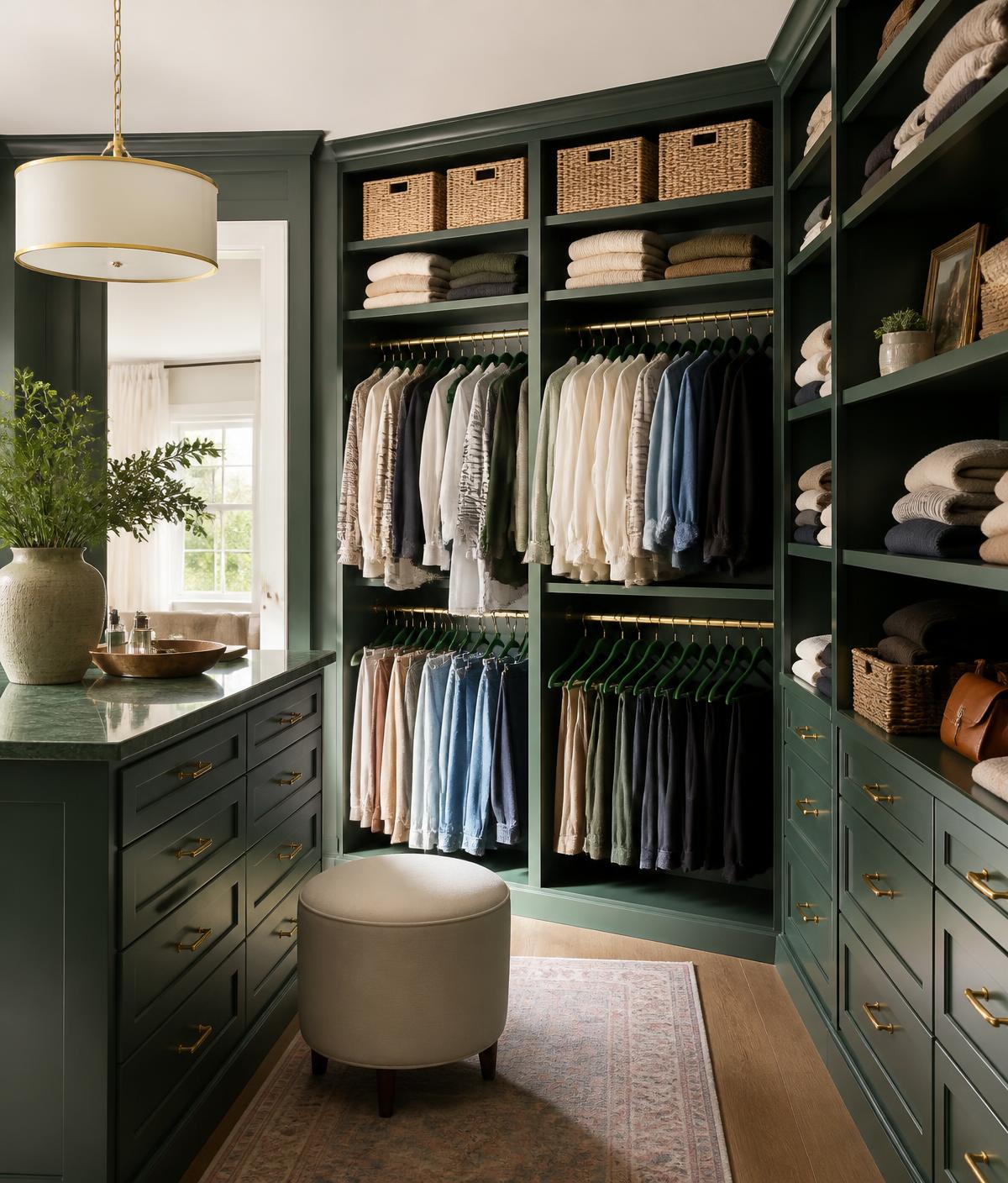 Forest green closet with folded clothes and matching hangers