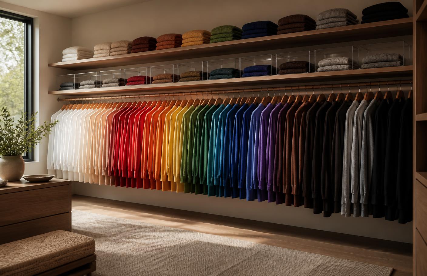Organized closet drawer with clear bins and accessories