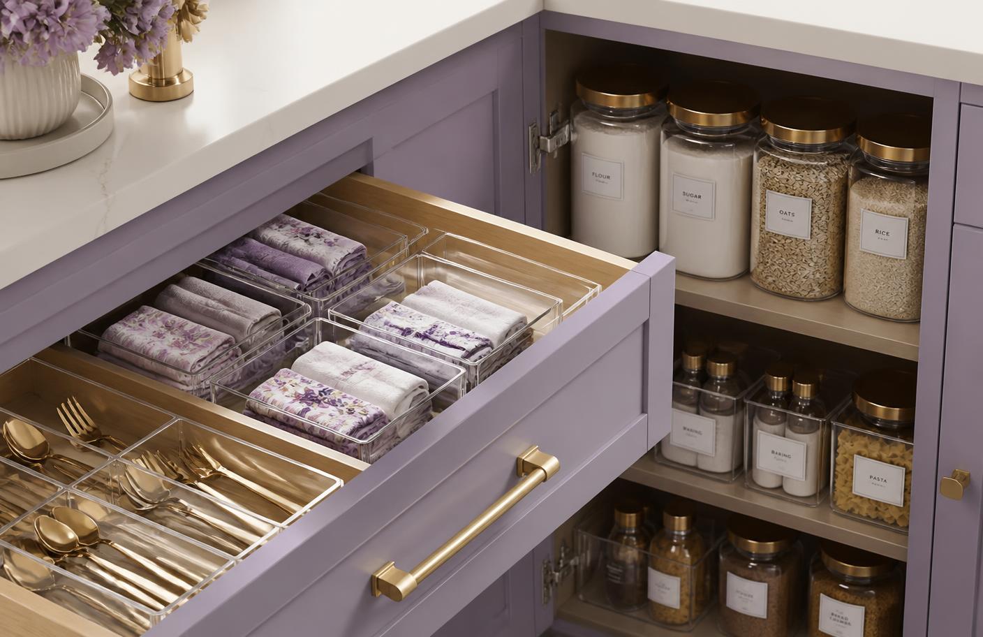 Organized drawer with clear bins and labeled jars