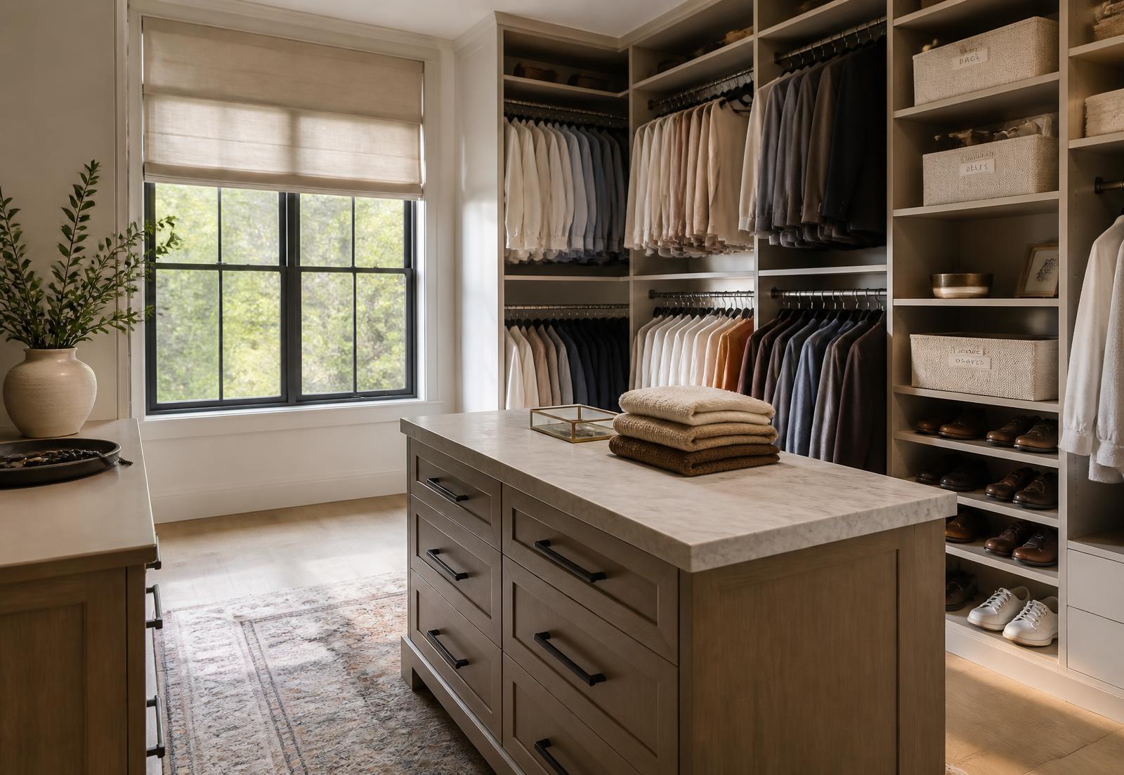 Organized walk-in closet in a Nashville home with color-coordinated clothing, matching hangers, and labeled storage bins after a professional closet organizing session.