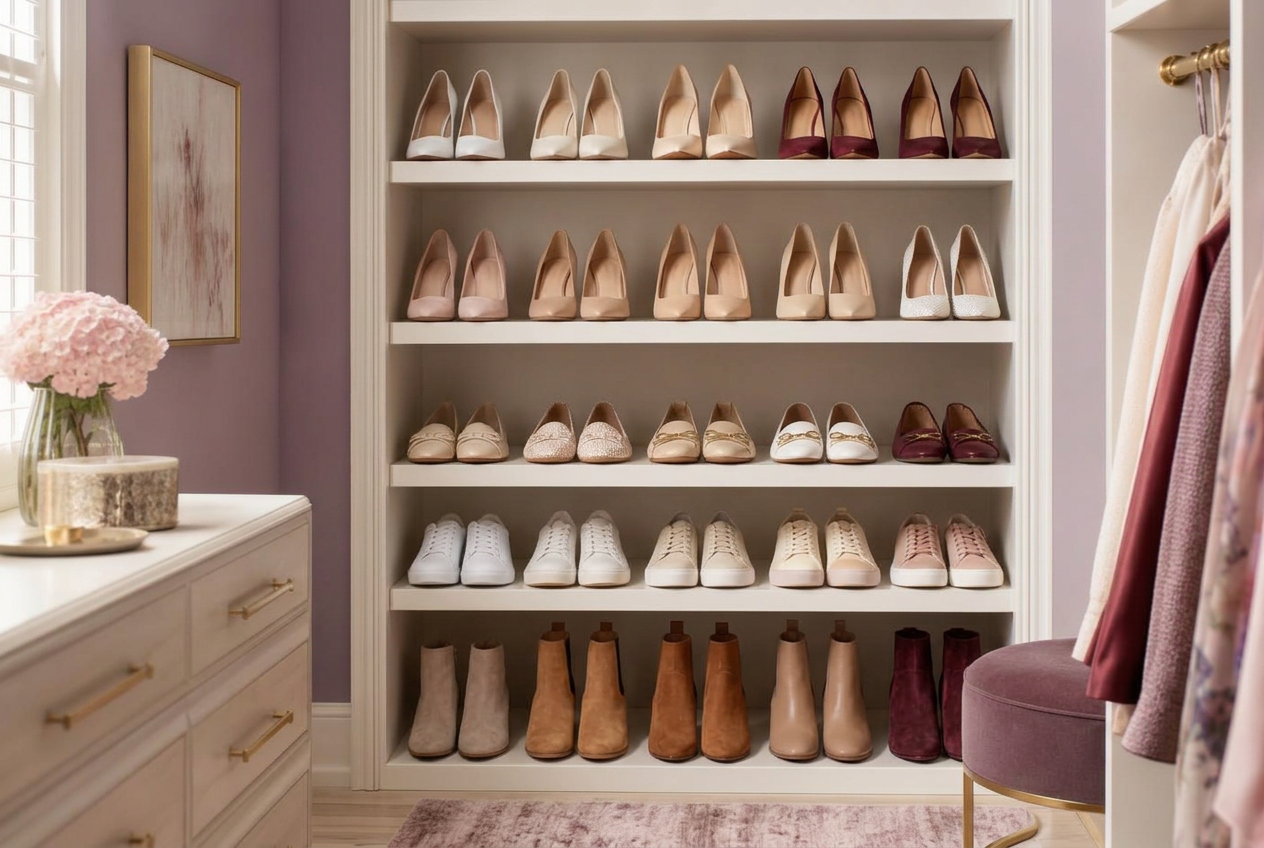 Closet shelves with neatly organized shoes