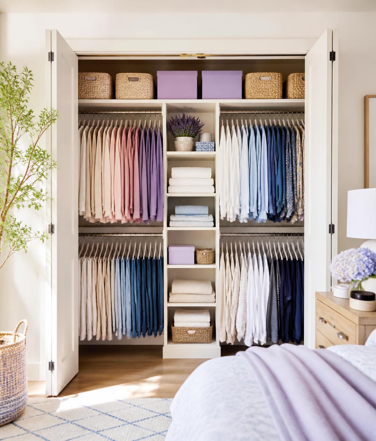 Beautifully organized reach-in closet with open doors