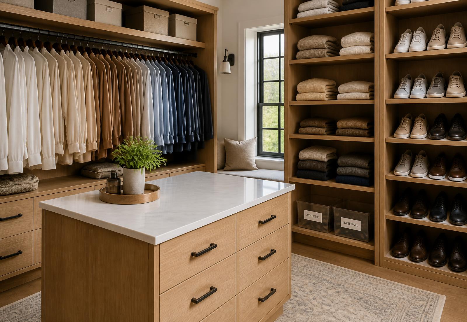 Organized walk-in closet with clothing grouped by category and arranged in a soft color gradient, folded knitwear on open shelving, and shoes sorted by type